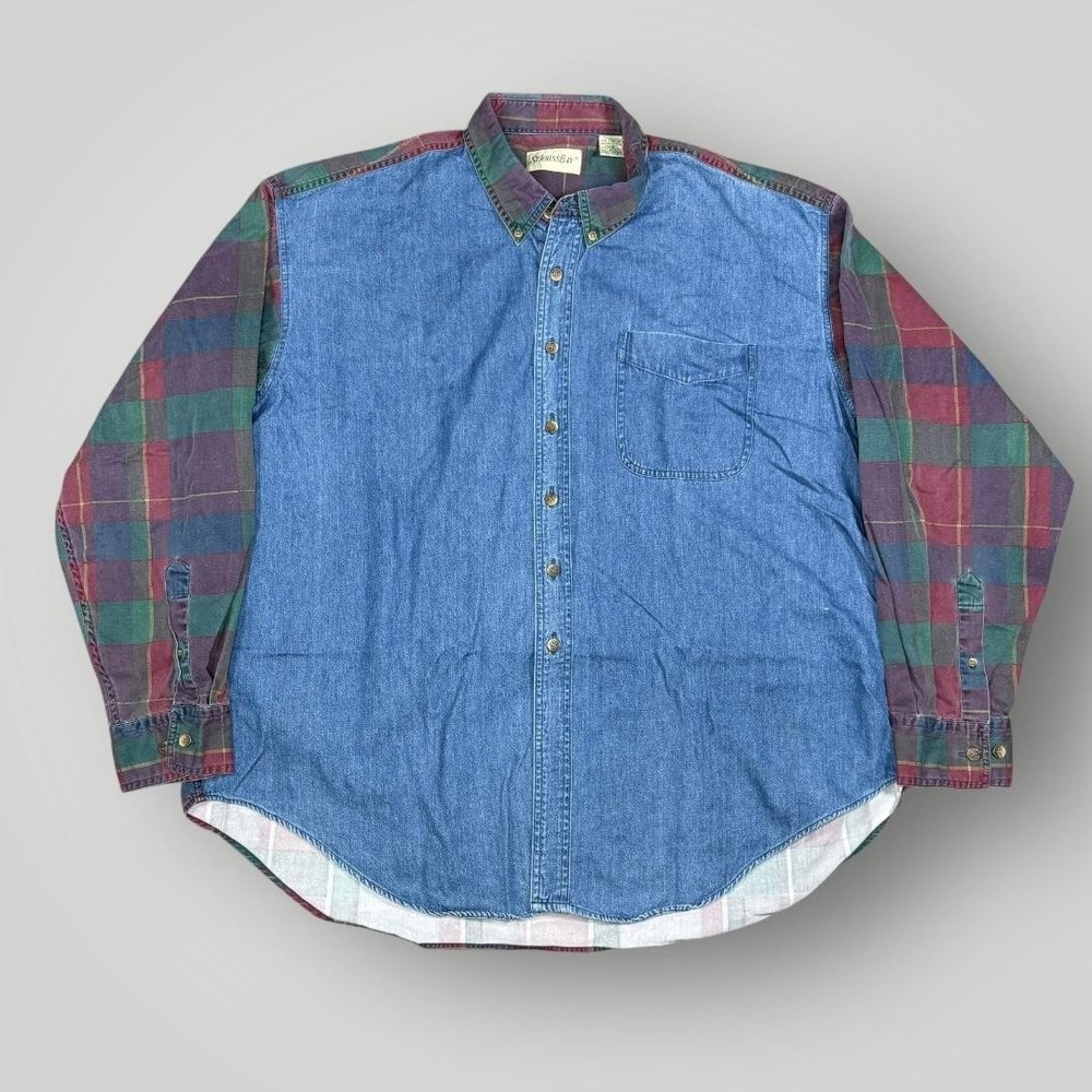 St Johns Bay Shirt Mens‎ 2XL Denim Plaid Colorblock Button Down Long Sleeve